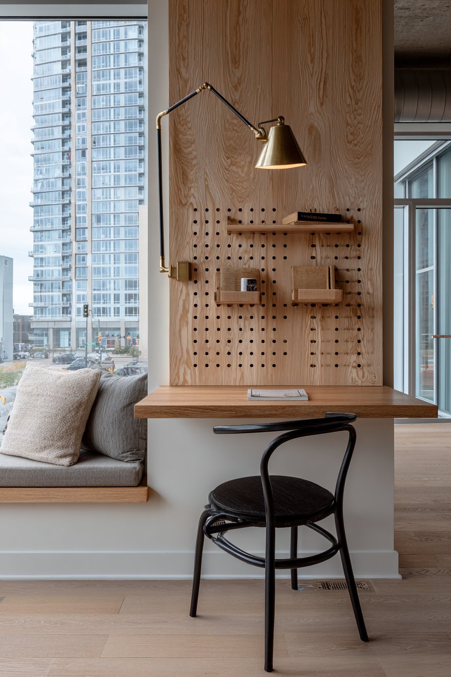 Wall-mounted natural oak floating desk with black metal chair, matching pegboard and brass task lamp
