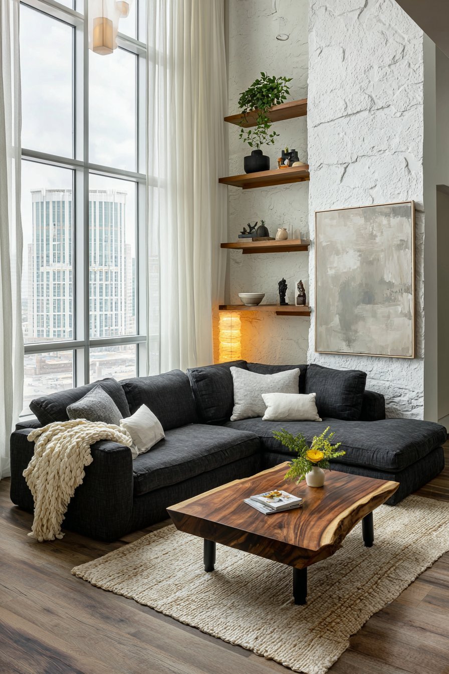 Japandi living room with charcoal sectional, layered rugs, washi floor lamp, oak ceiling beams and floor cushion corner