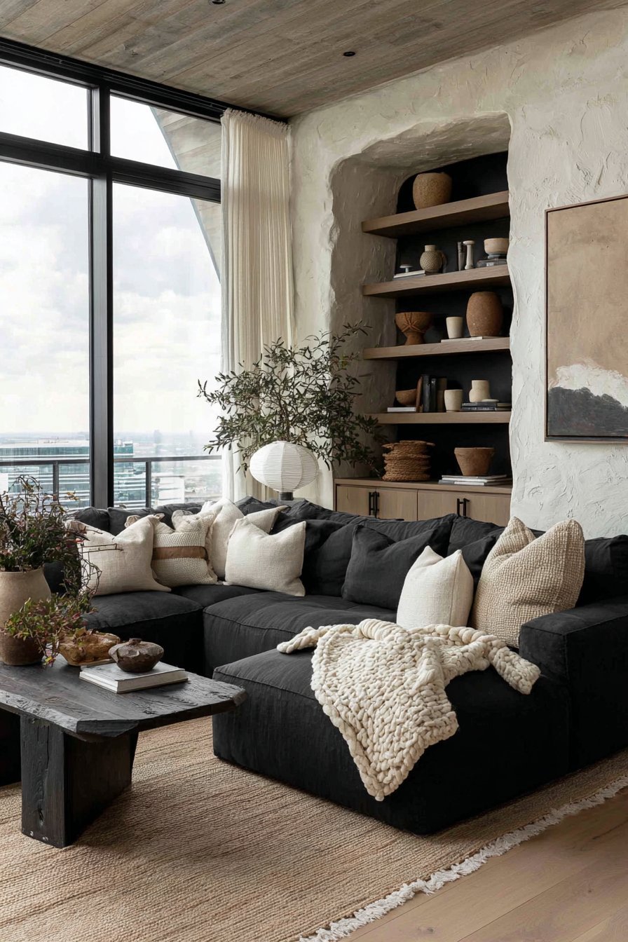 Japandi living room with charcoal sectional, layered rugs, washi floor lamp, oak ceiling beams and floor cushion corner