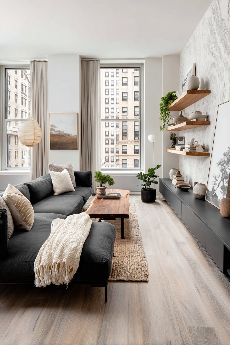 Japandi living room with charcoal sectional, layered rugs, washi floor lamp, oak ceiling beams and floor cushion corner