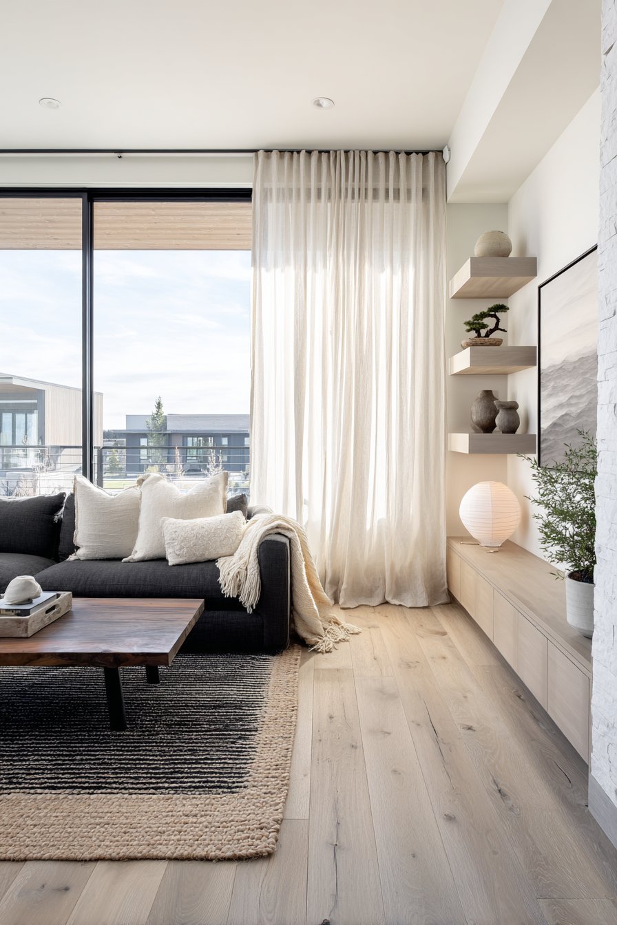 Japandi living room with charcoal sectional, layered rugs, washi floor lamp, oak ceiling beams and floor cushion corner