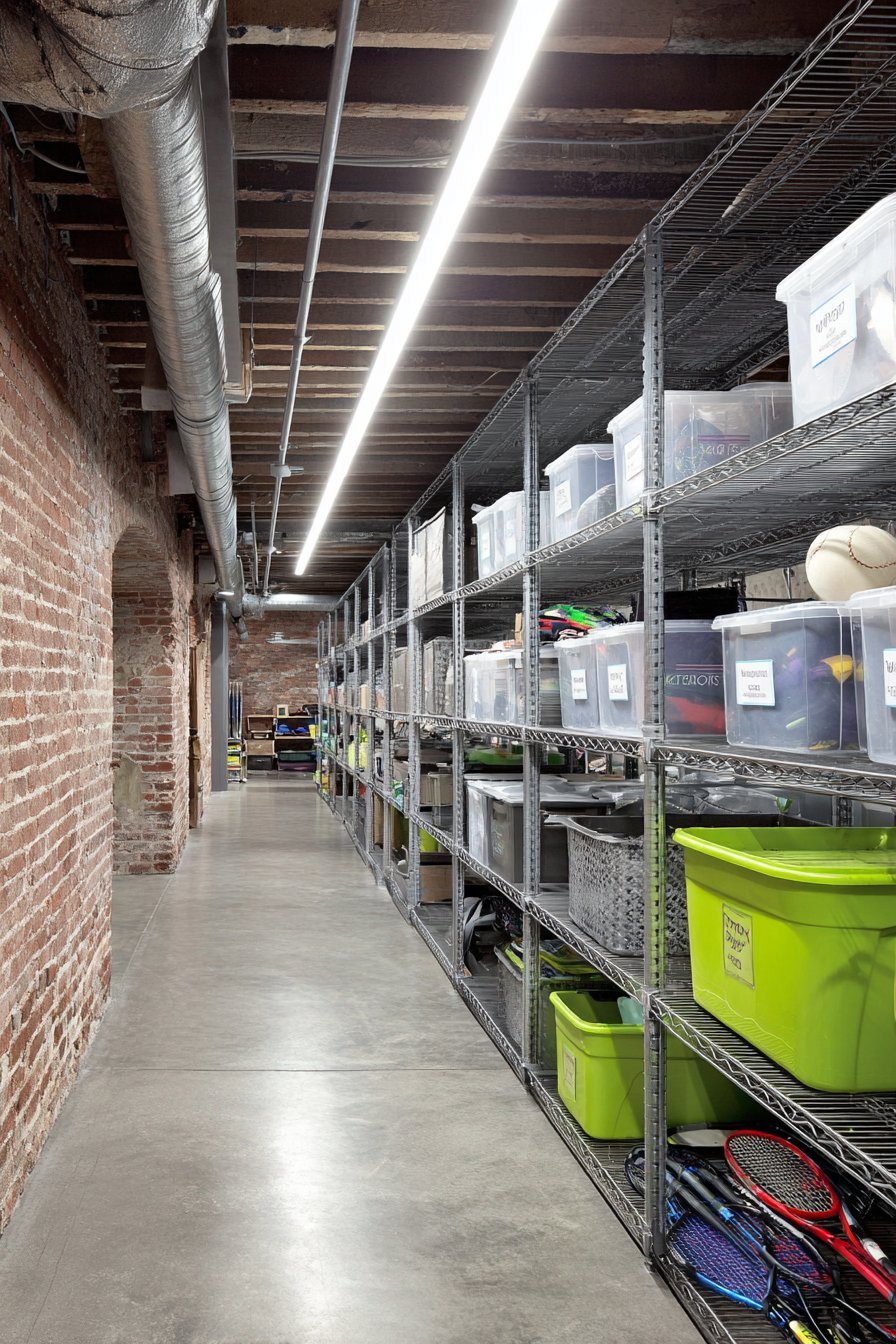 Basement storage wall with floor-to-ceiling metal wire shelving, labeled clear bins and exposed brick above a grey epoxy floor