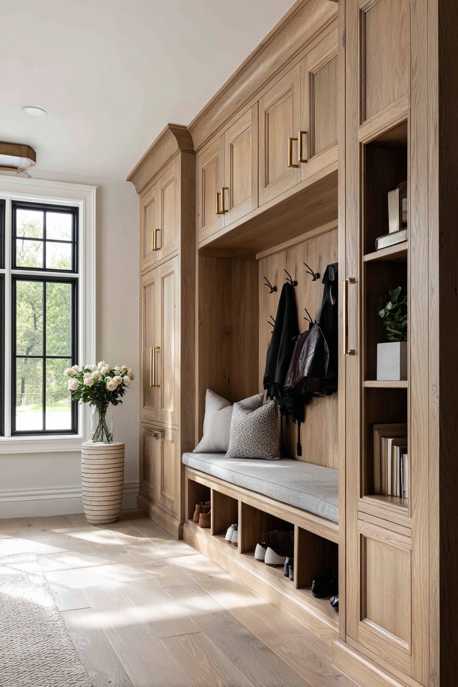 Custom Built-In Oak Shoe Storage Bench