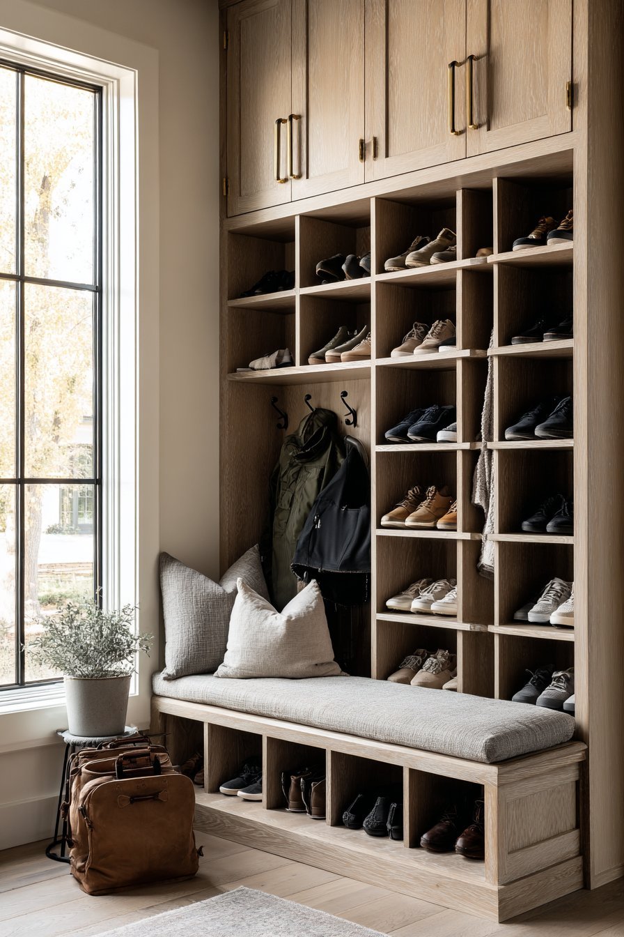 Custom Built-In Oak Shoe Storage Bench