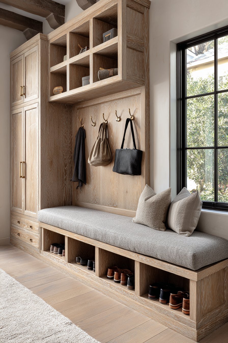Custom Built-In Oak Shoe Storage Bench