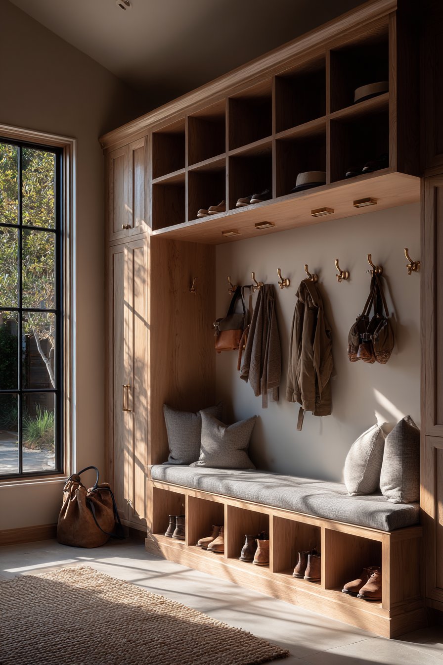 Custom Built-In Oak Shoe Storage Bench