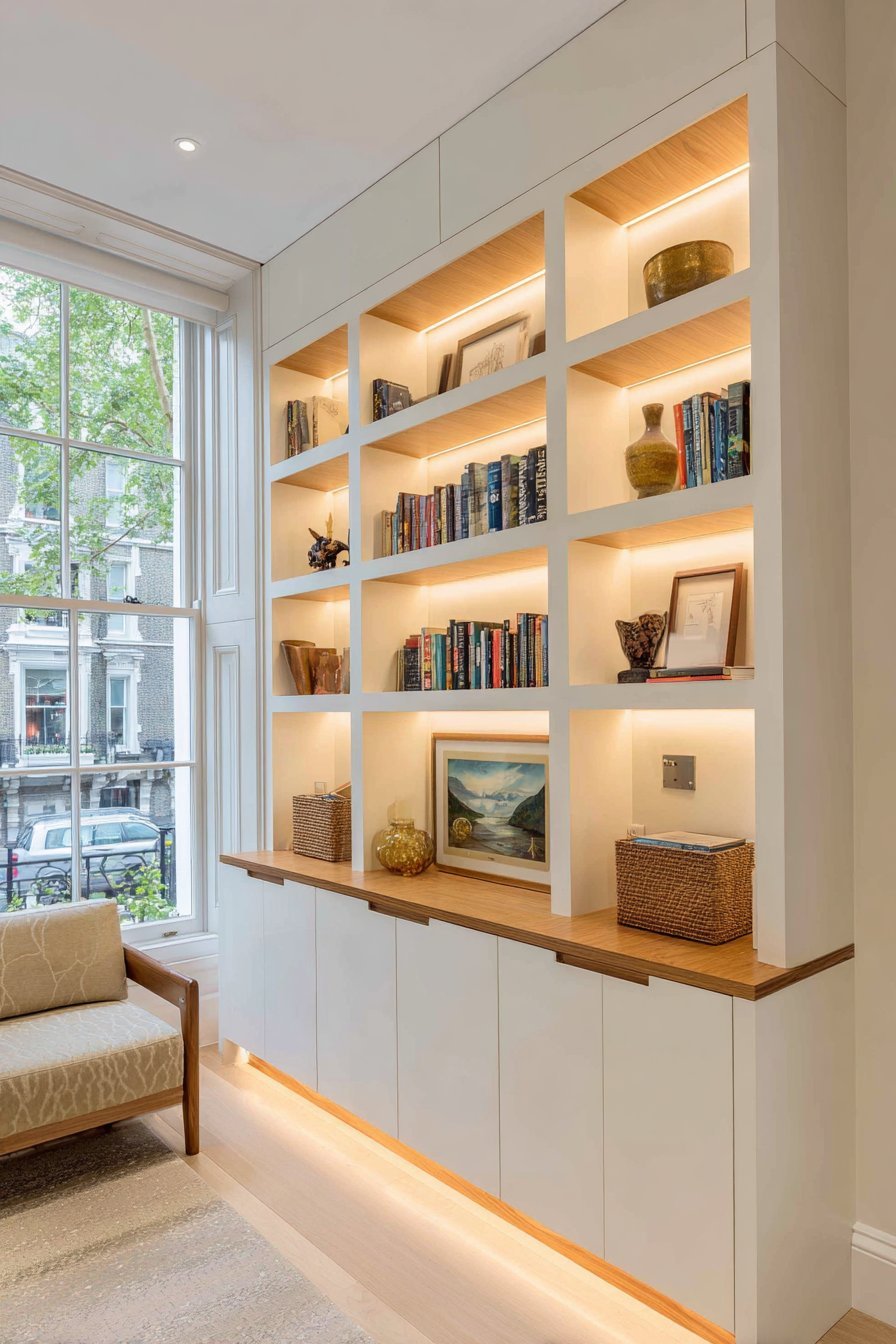 Floor-to-ceiling white built-in shelving with oak accents, adjustable shelves, baskets and closed lower cabinets