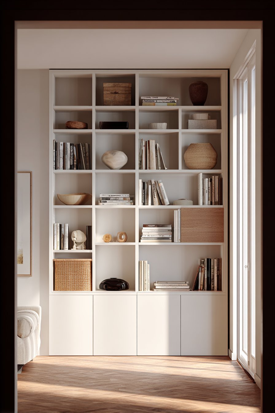 Floor-to-ceiling white built-in shelving with oak accents, adjustable shelves, baskets and closed lower cabinets