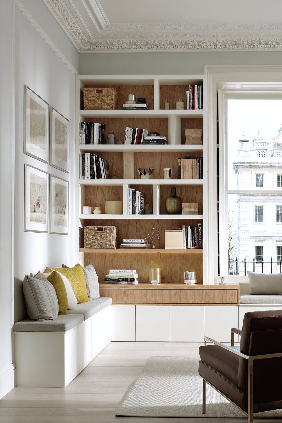 Floor-to-ceiling white built-in shelving with oak accents, adjustable shelves, baskets and closed lower cabinets