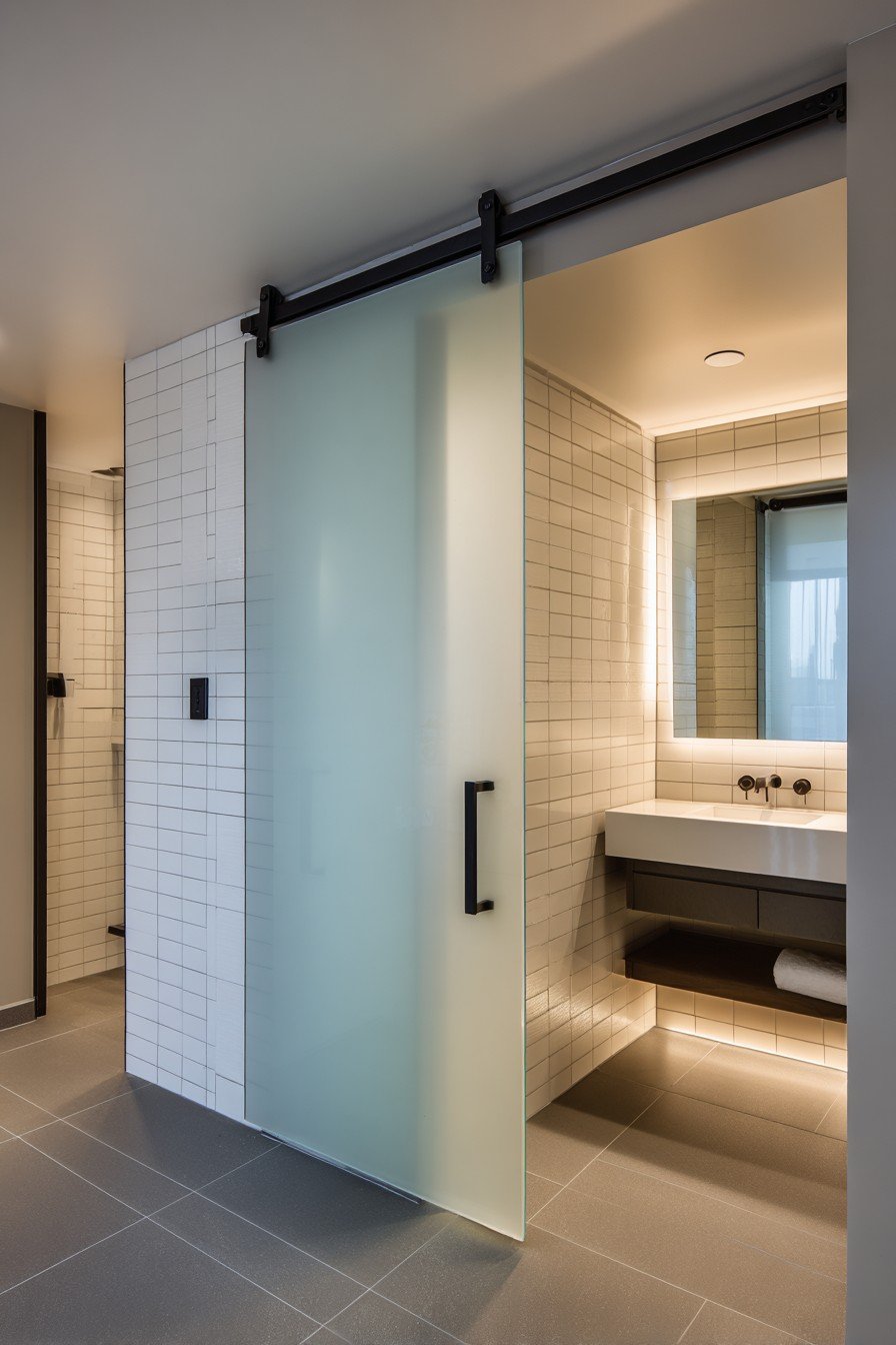 Modern Frosted Glass Sliding Door with Black Frame