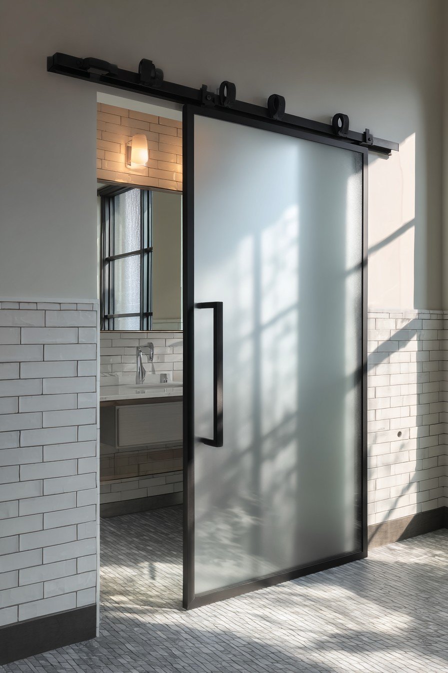 Modern Frosted Glass Sliding Door with Black Frame