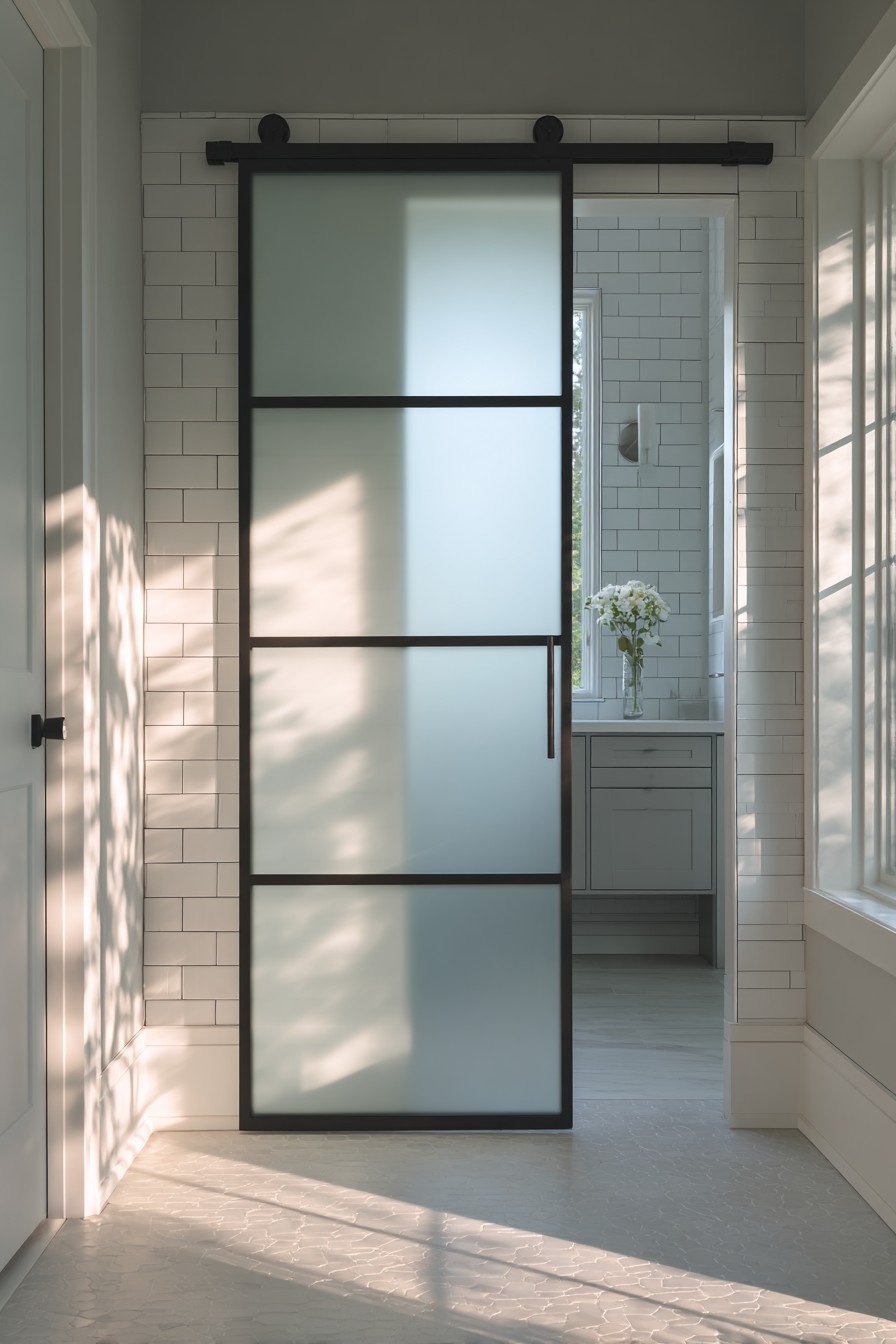 Modern Frosted Glass Sliding Door with Black Frame