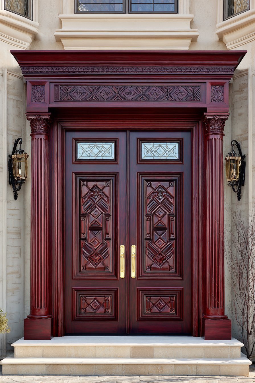 Grand Mahogany Double Door with Hand-Carved Details