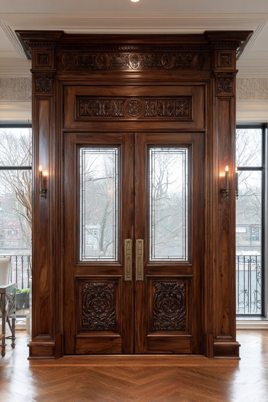 Grand Mahogany Double Door with Hand-Carved Details