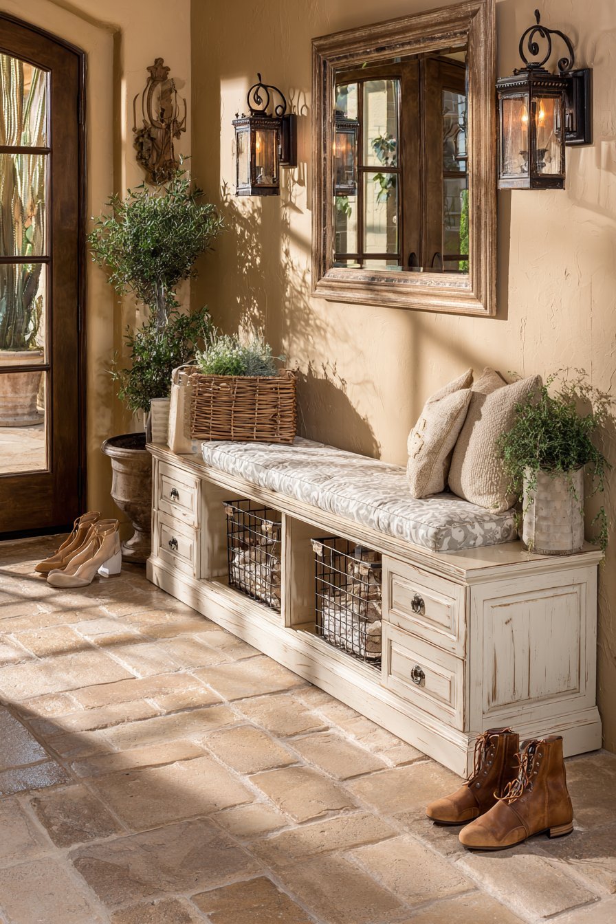 French Country Distressed Storage Bench