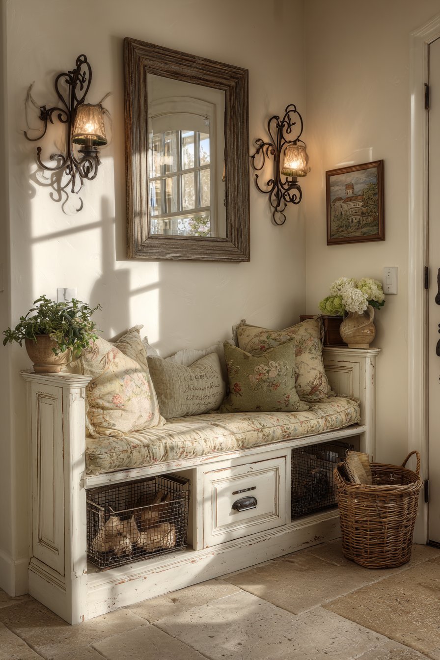 French Country Distressed Storage Bench