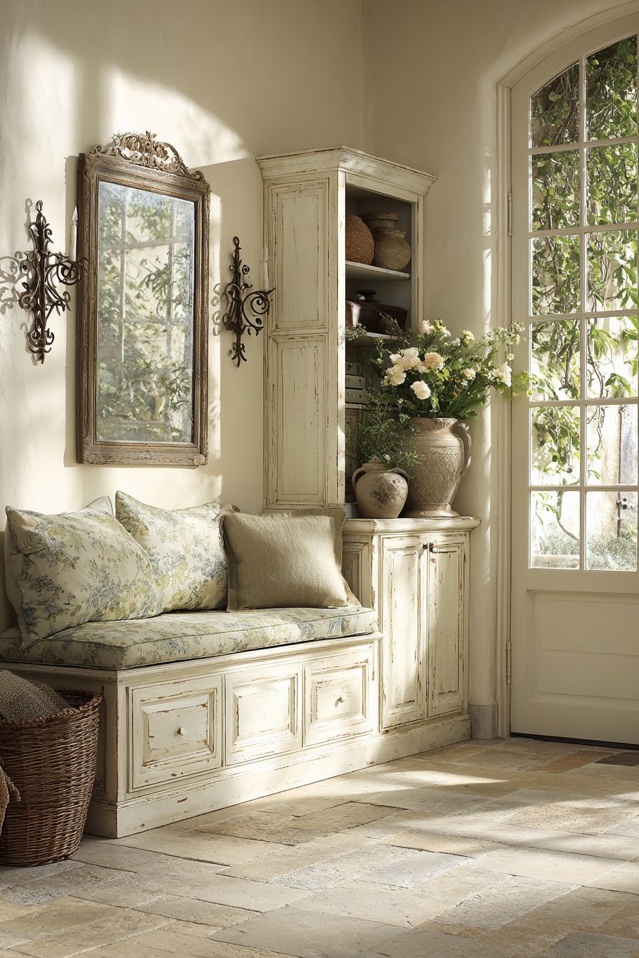 French Country Distressed Storage Bench