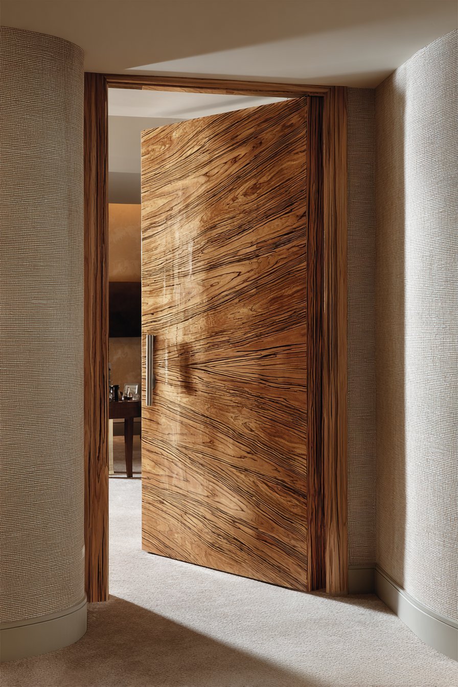  Curved Zebrawood Door with Custom Hardware