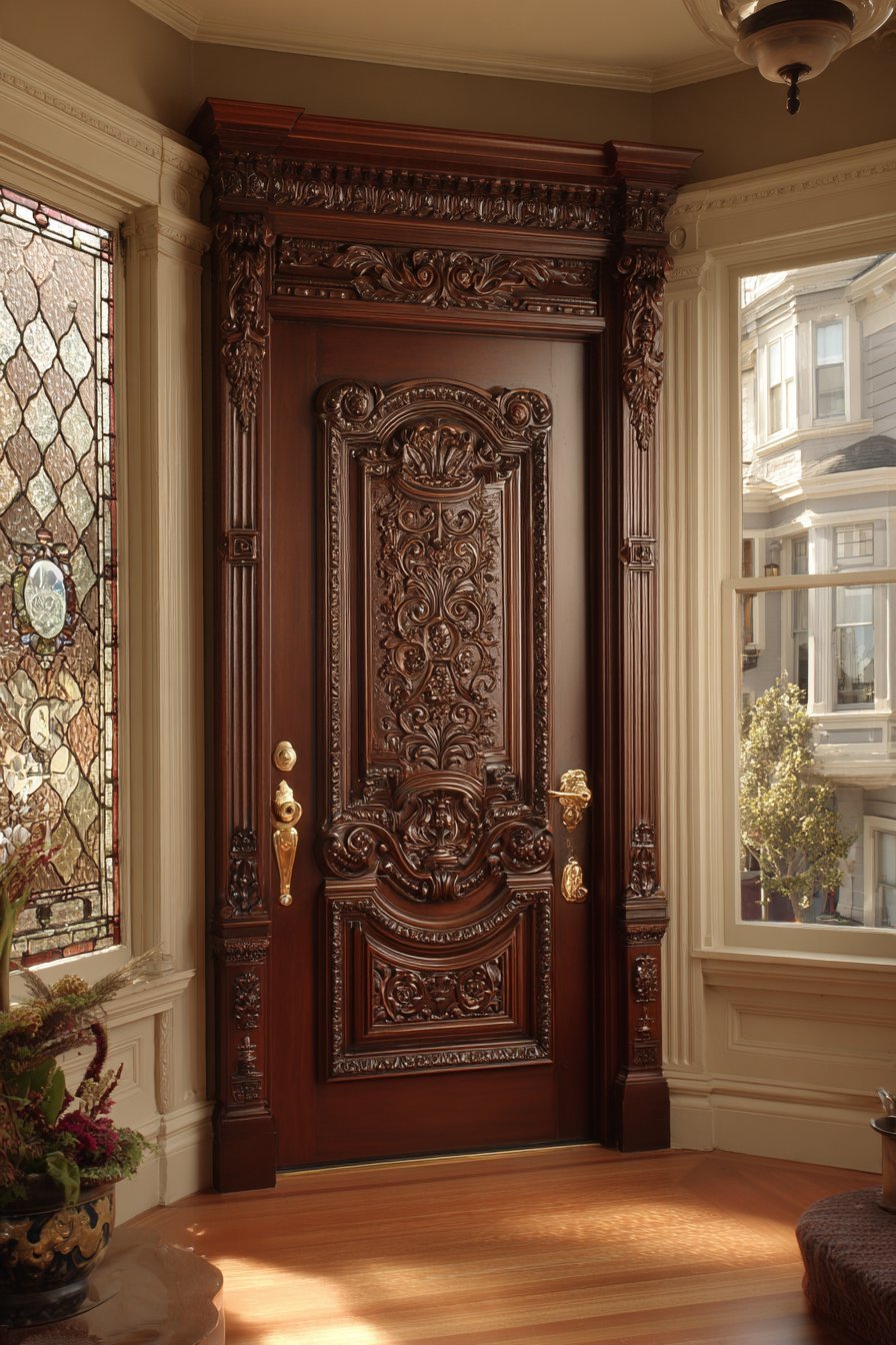  Victorian Carved Mahogany with Stained Glass