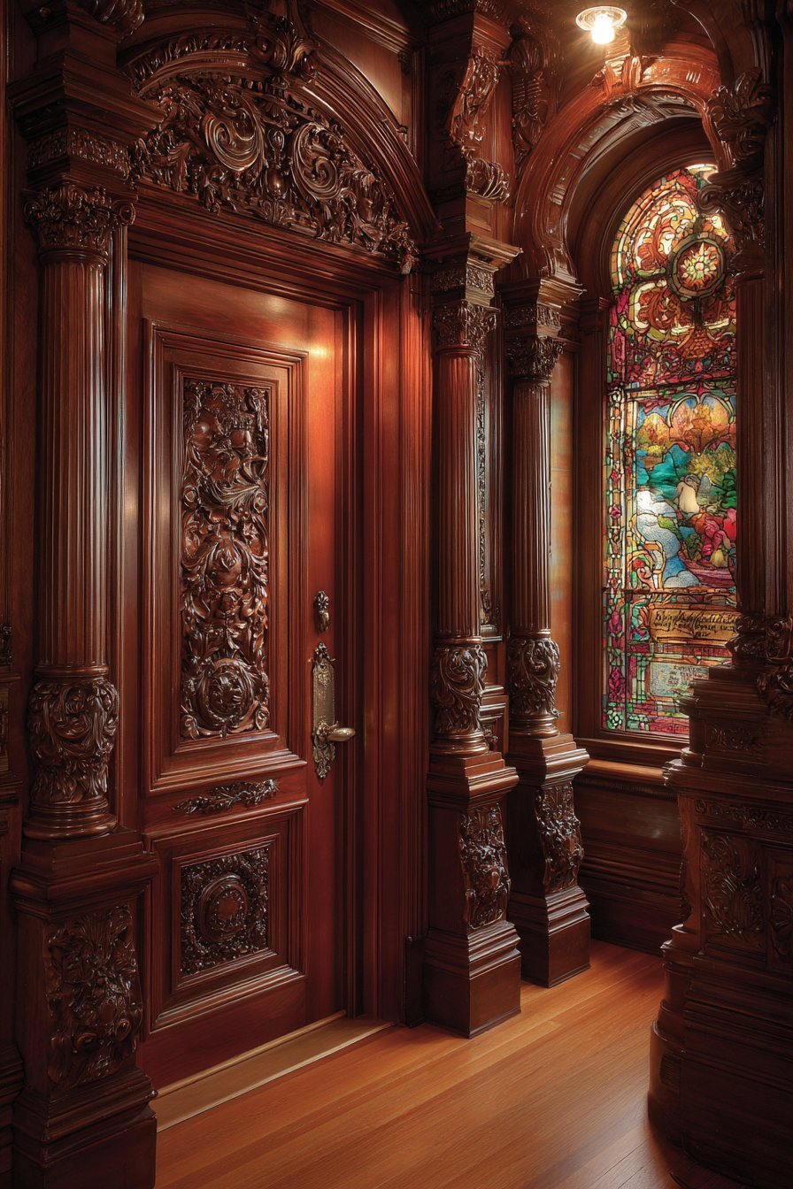  Victorian Carved Mahogany with Stained Glass