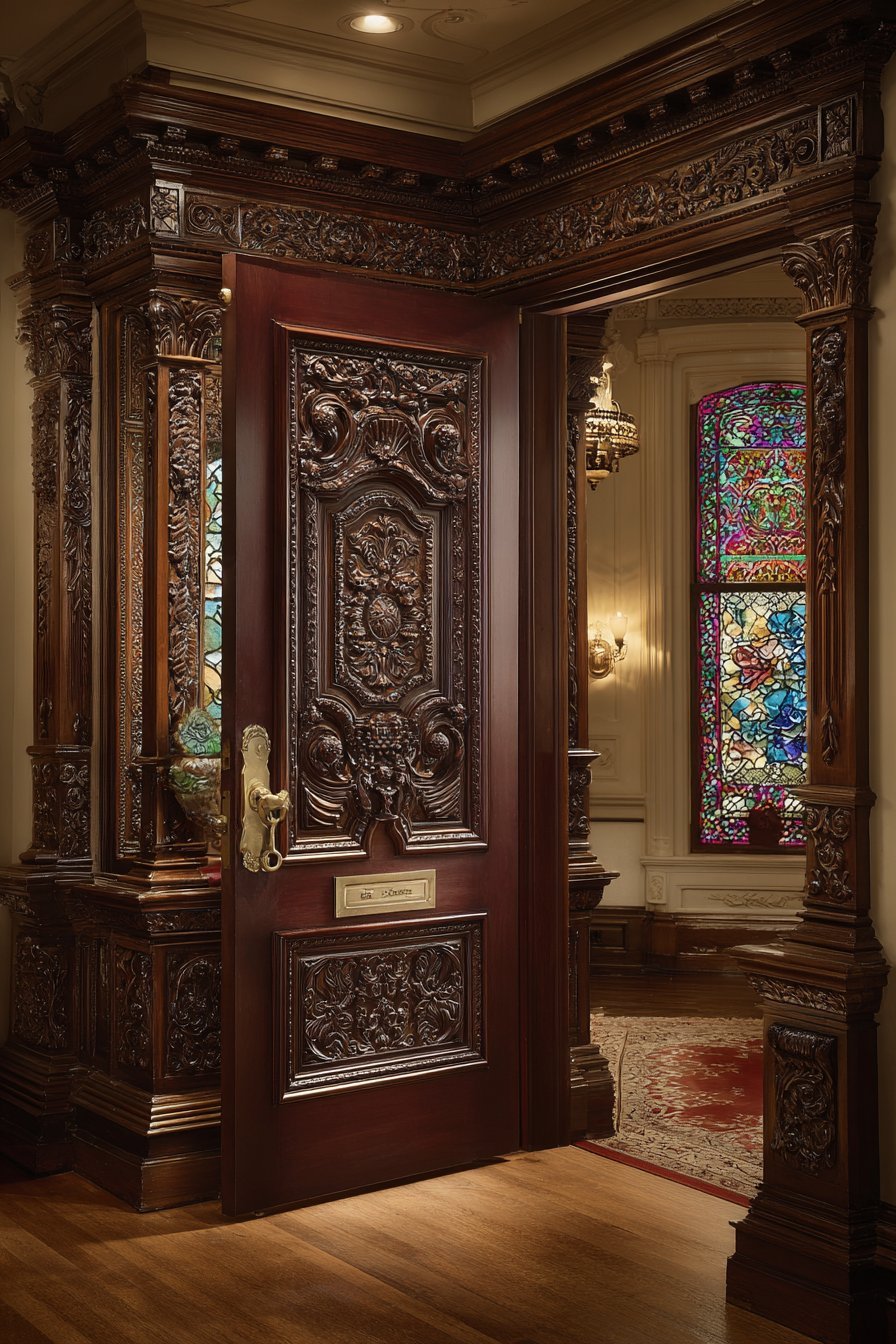  Victorian Carved Mahogany with Stained Glass