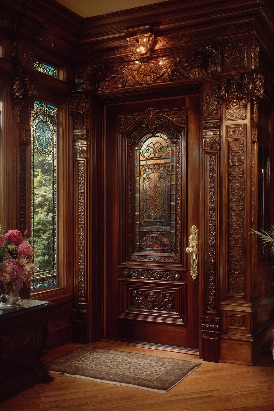  Victorian Carved Mahogany with Stained Glass