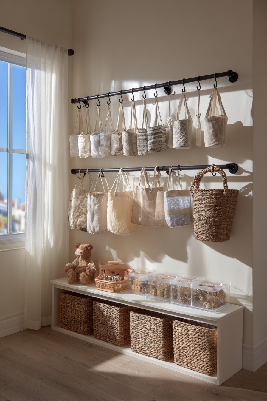 Wall-Mounted Rail with Hanging Organizers