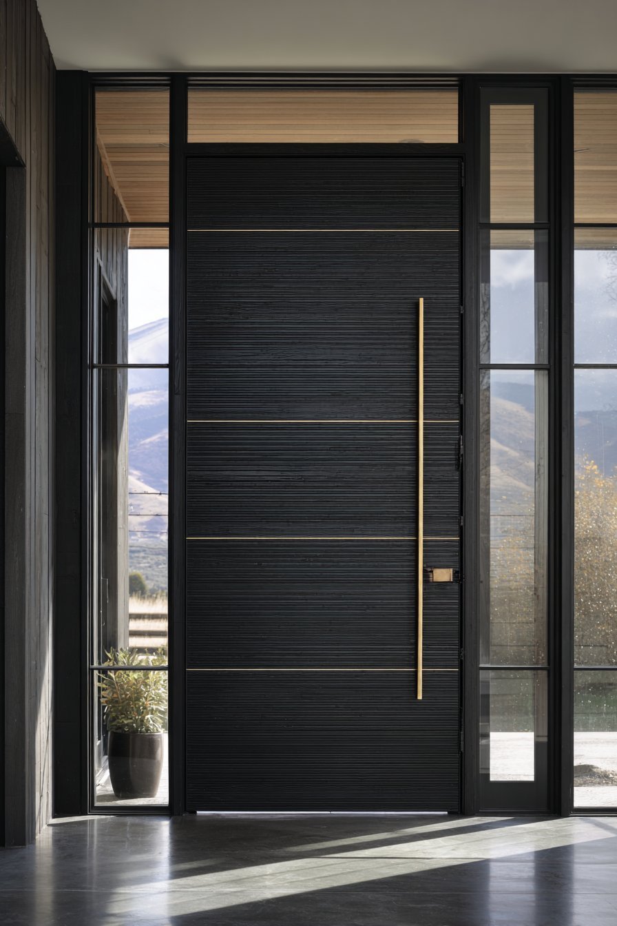Modern Minimalist Blackened Steel Pivot Door