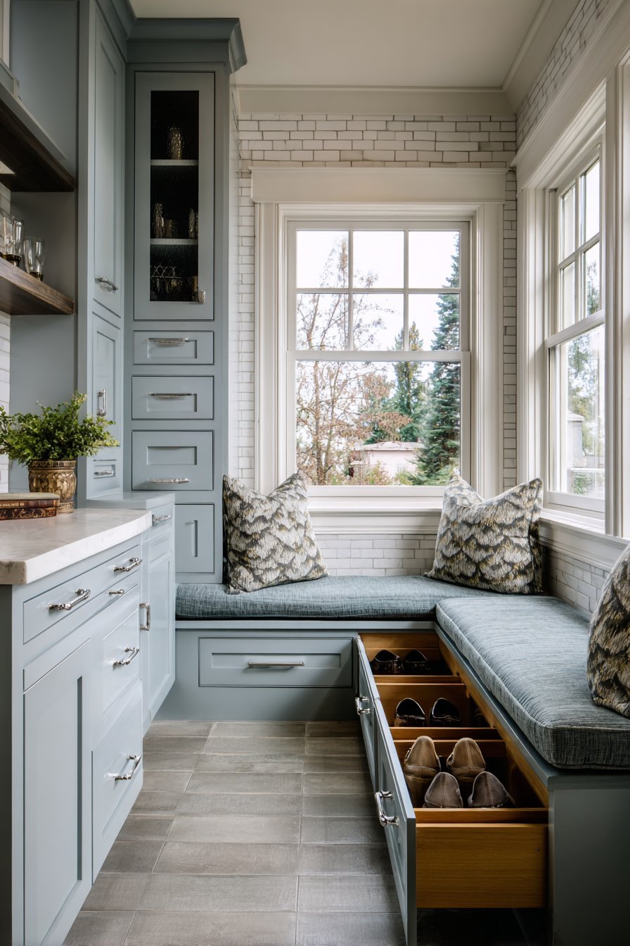 Transitional Window Seat Storage System
