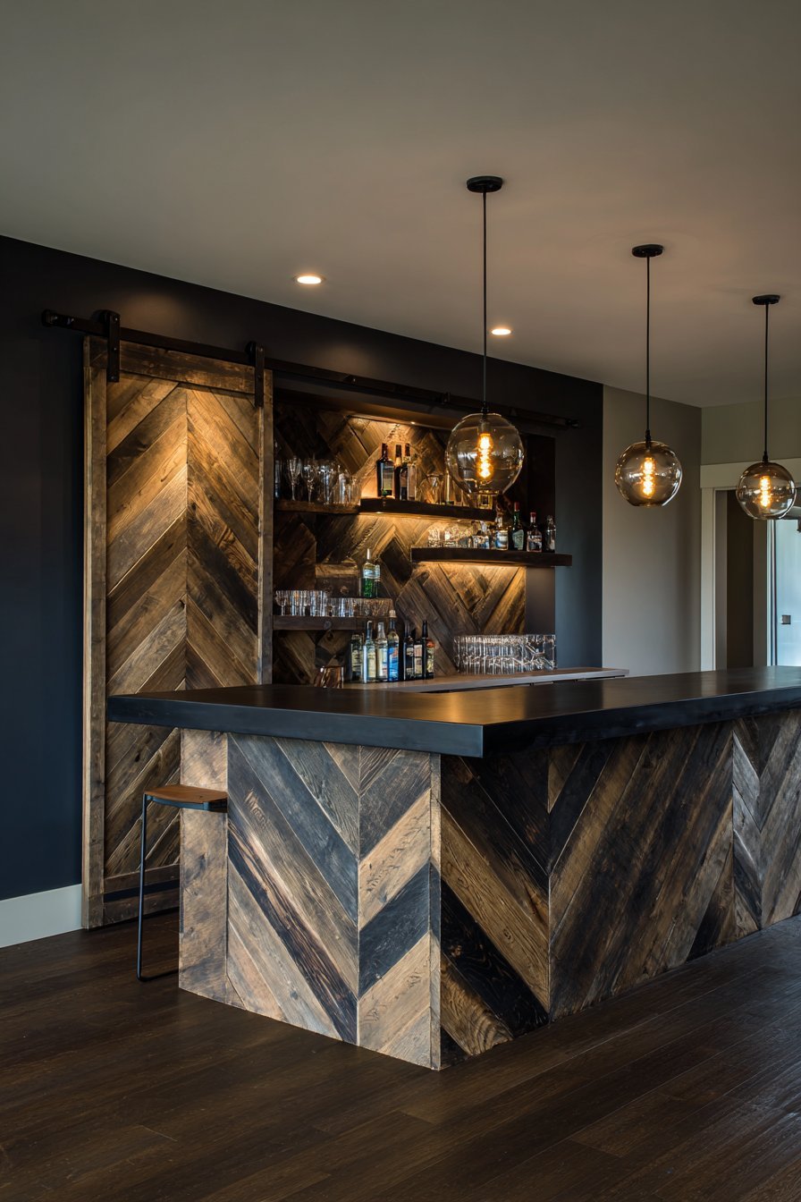 Chevron Reclaimed Wood Basement Bar Door