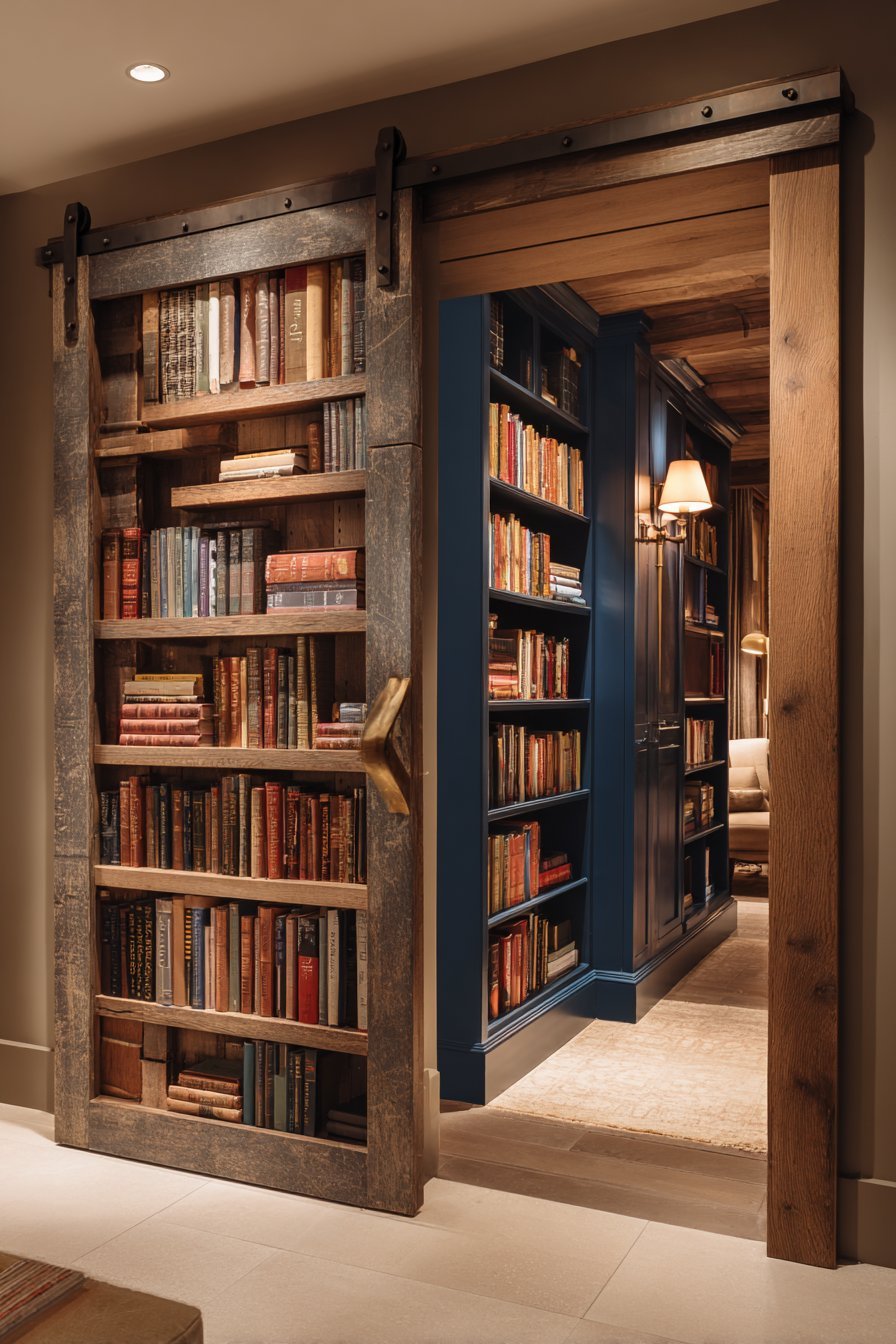 Navy Library Door with Integrated Shelving