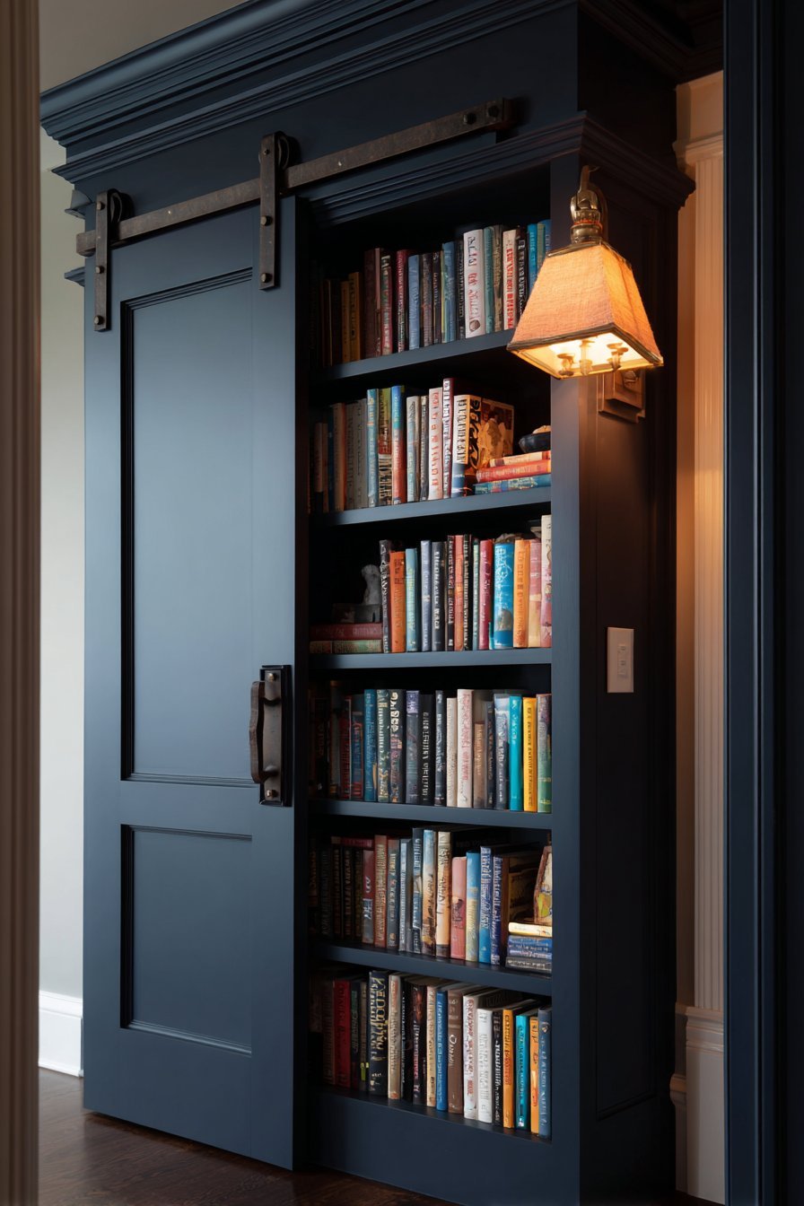 Navy Library Door with Integrated Shelving
