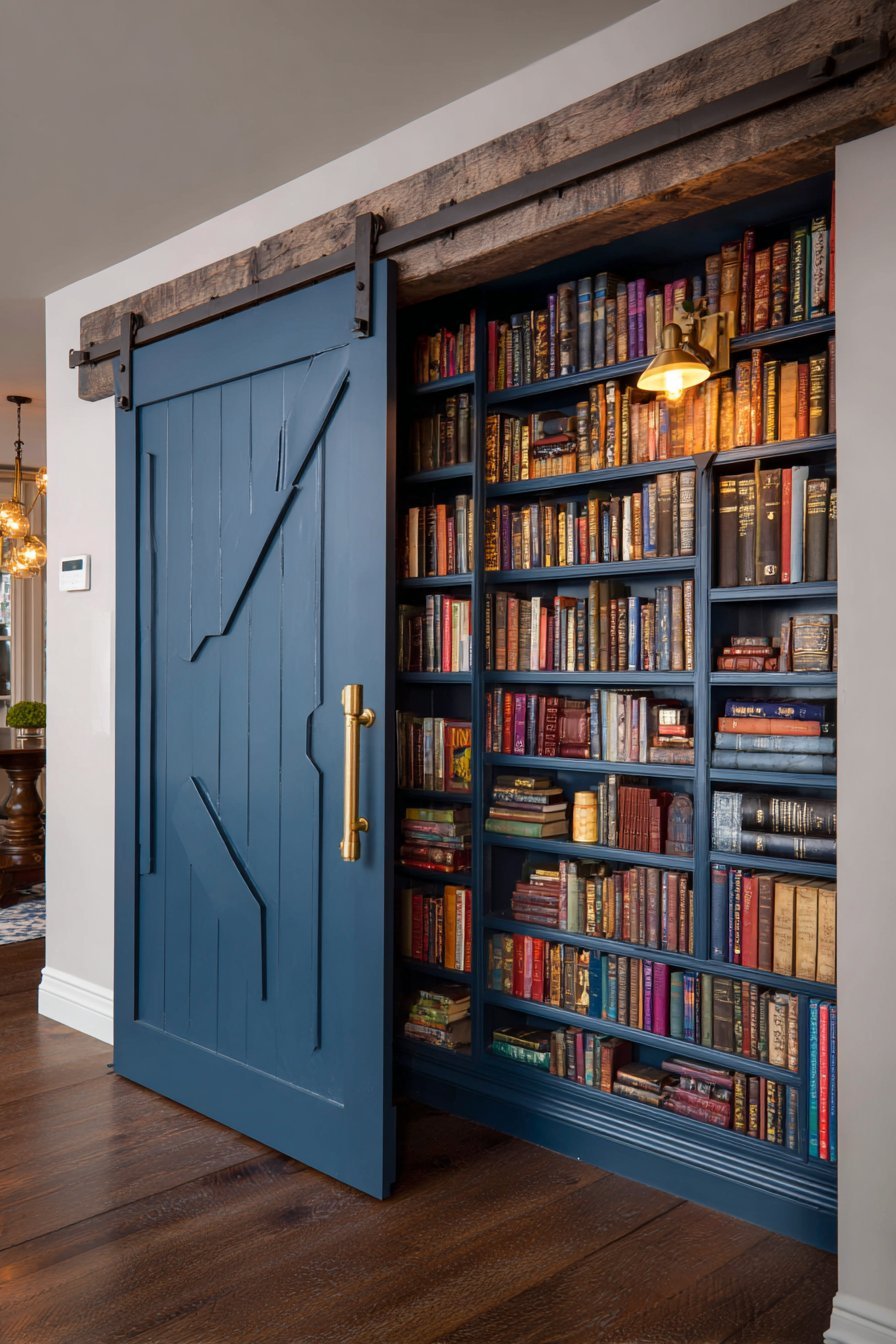 Navy Library Door with Integrated Shelving