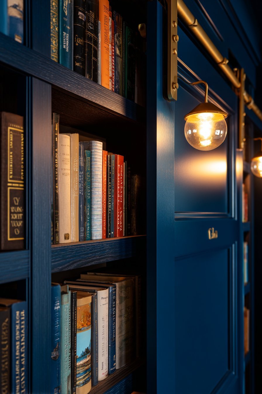 Navy Library Door with Integrated Shelving