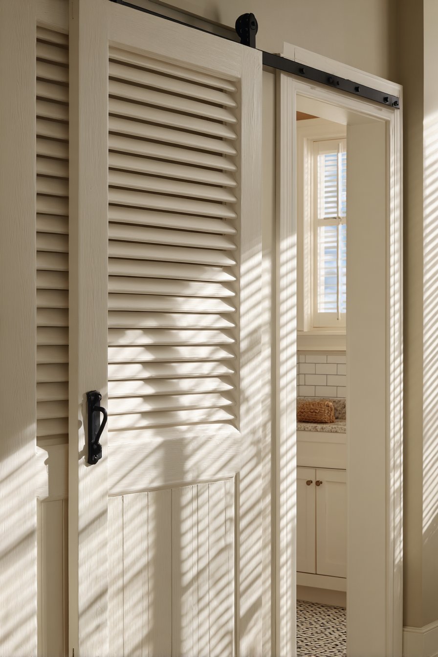 Distressed White Louvered Bathroom Door