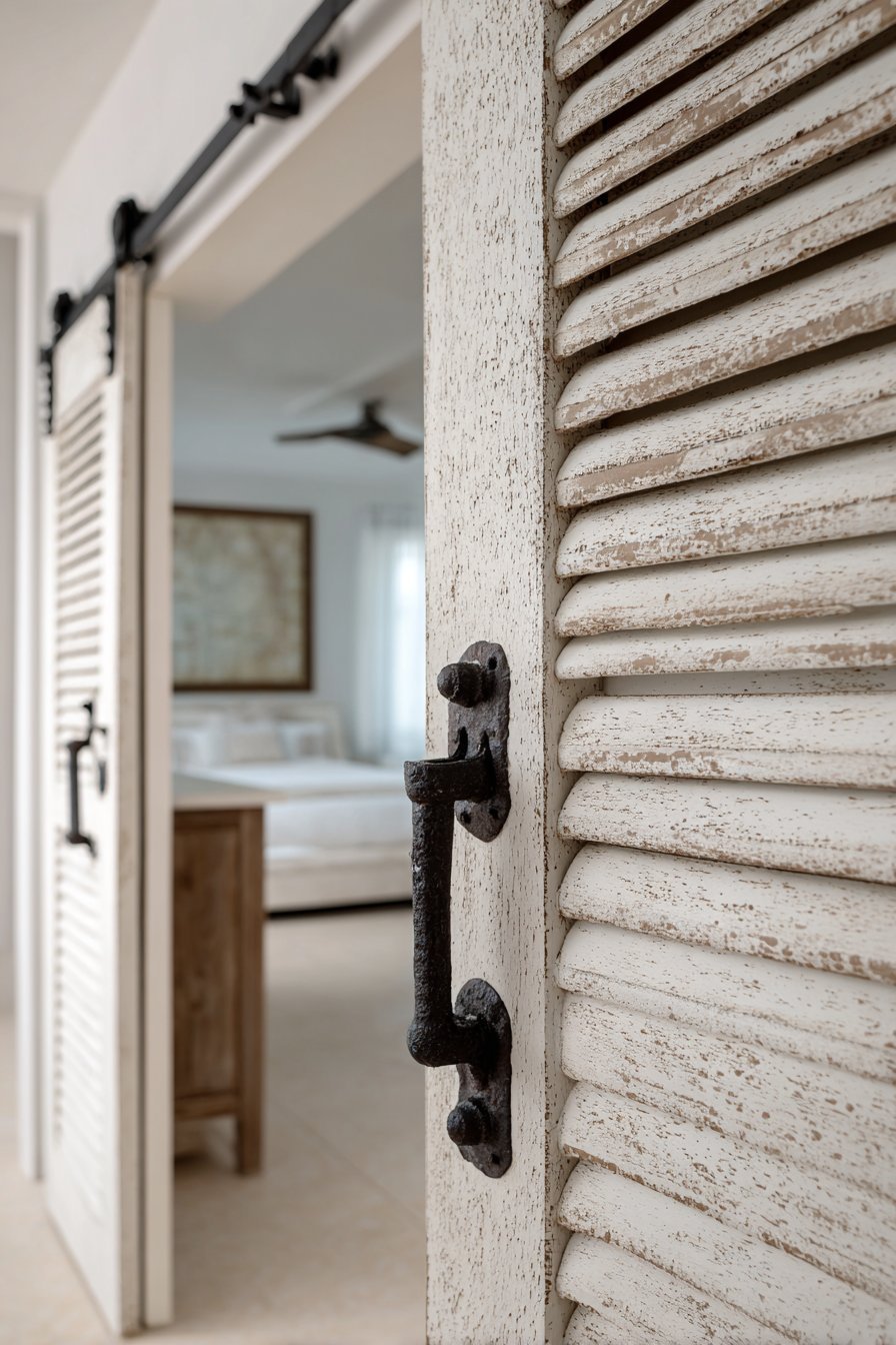 Distressed White Louvered Bathroom Door