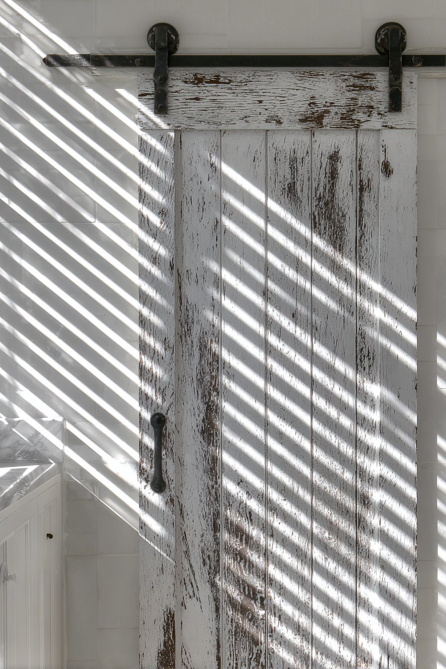 Distressed White Louvered Bathroom Door