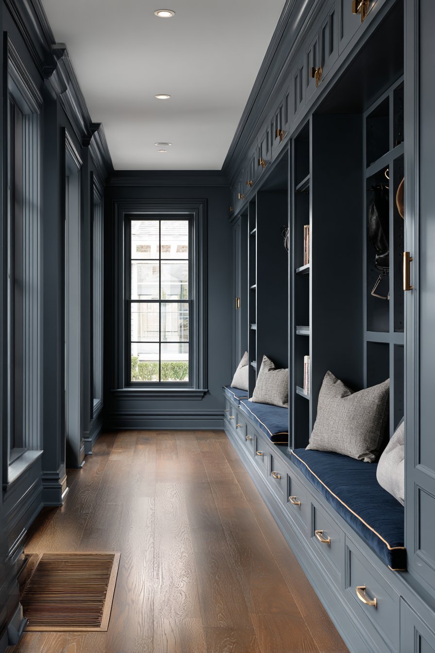 Transitional Window Seat Storage Wall