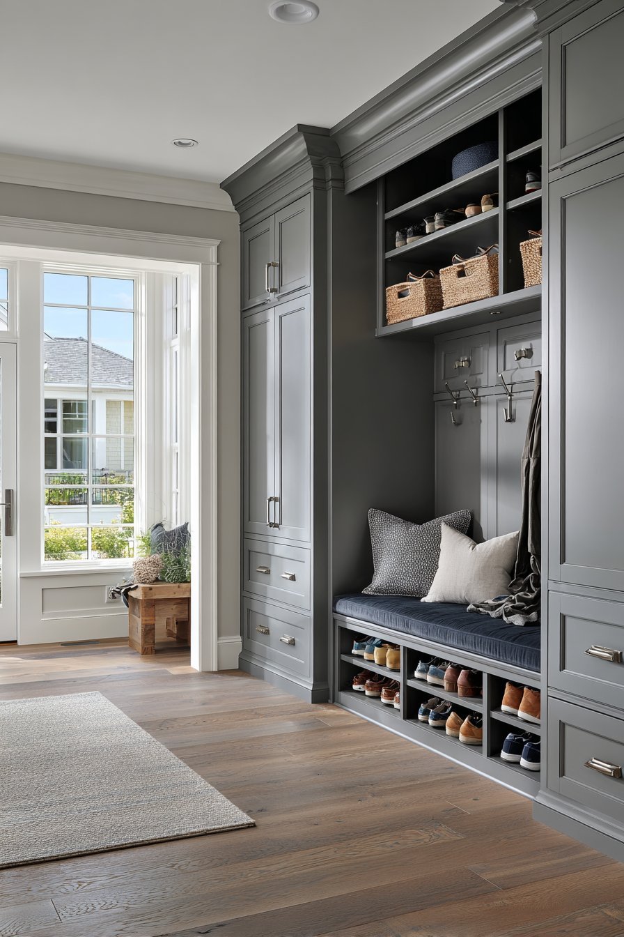 Transitional Window Seat Storage Wall