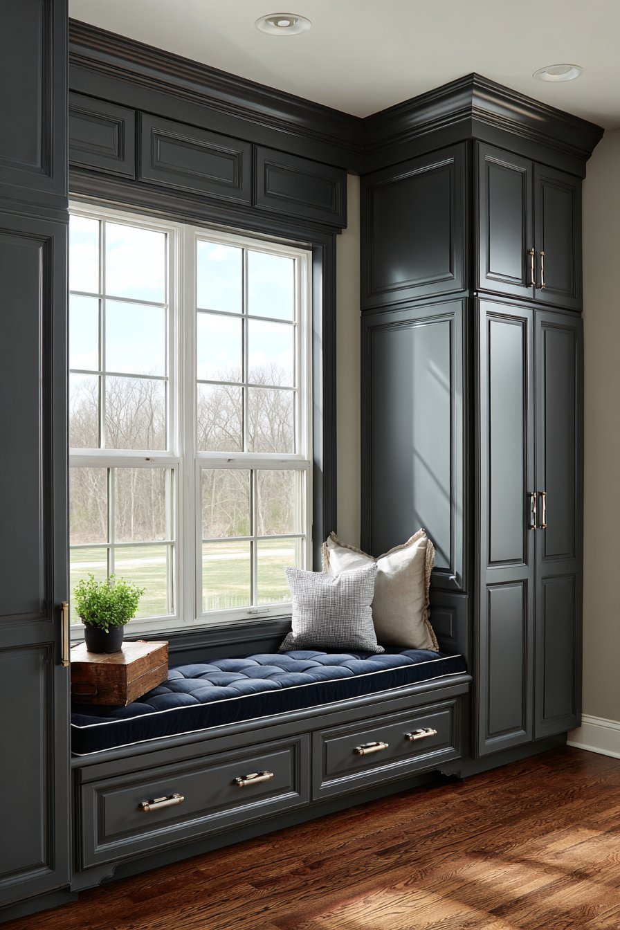 Transitional Window Seat Storage Wall