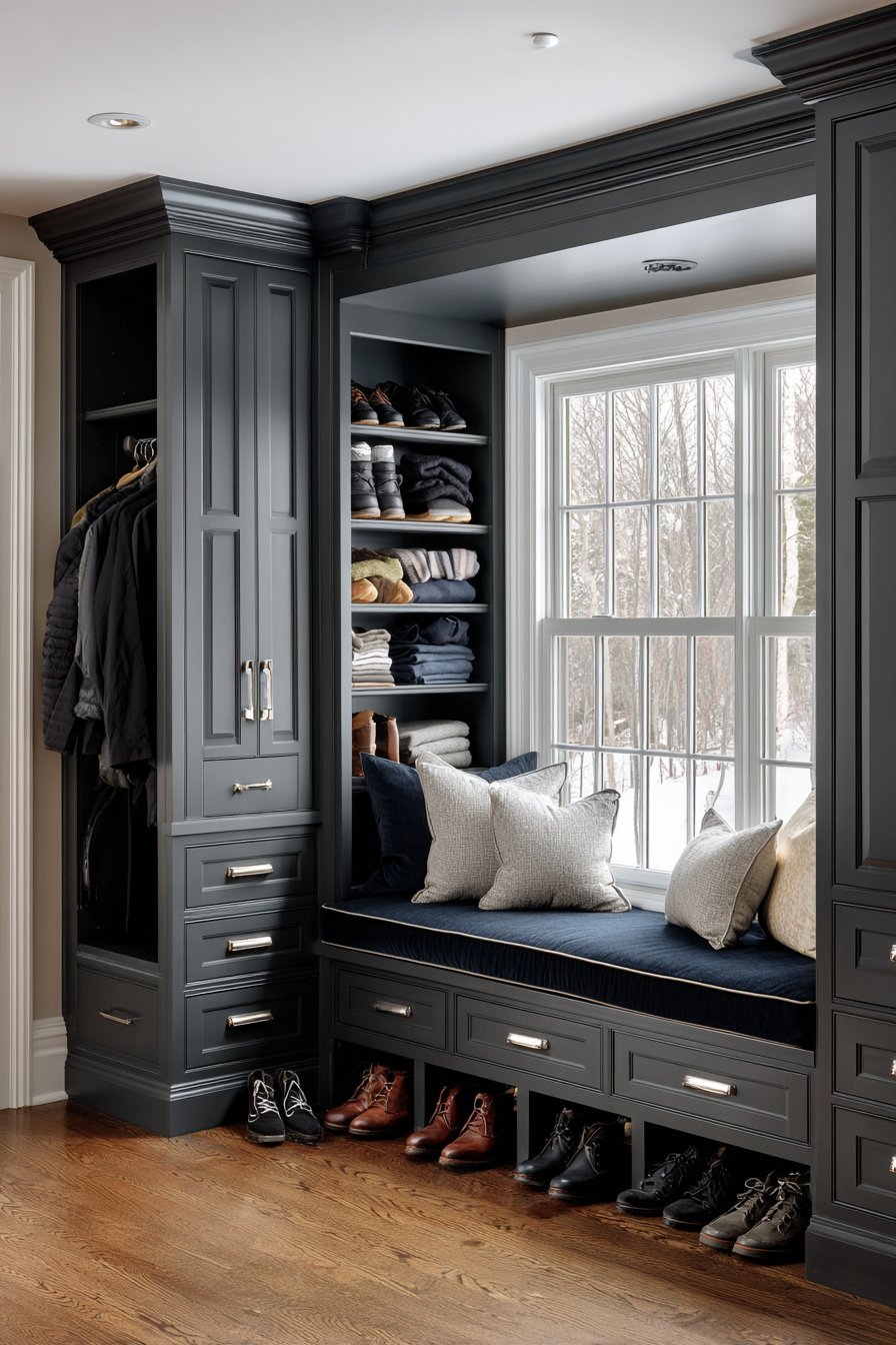 Transitional Window Seat Storage Wall