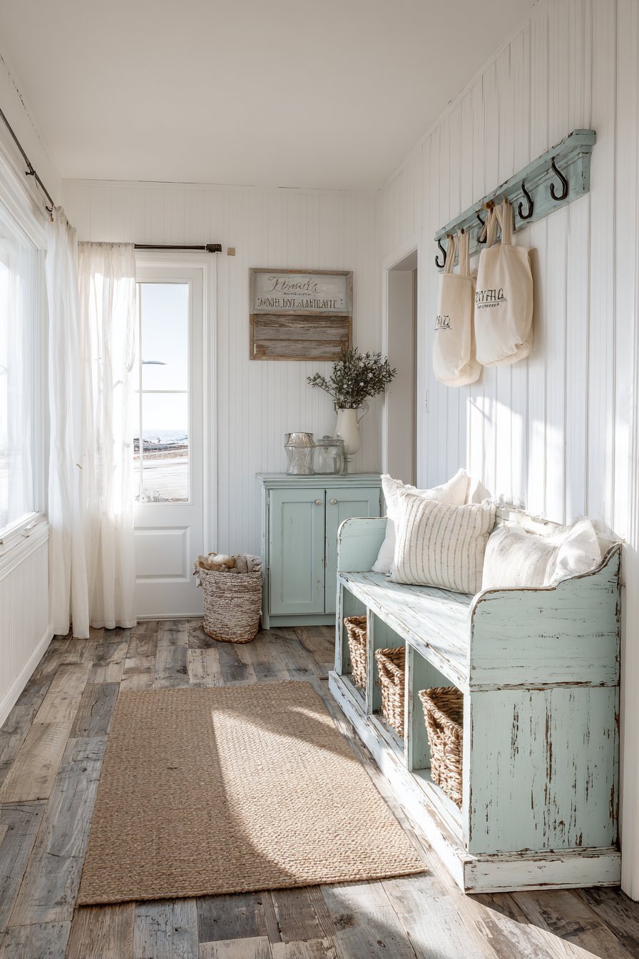 Coastal Cottage Distressed Aqua Bench