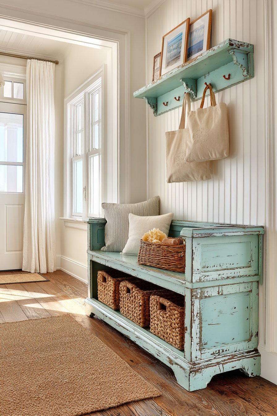 Coastal Cottage Distressed Aqua Bench