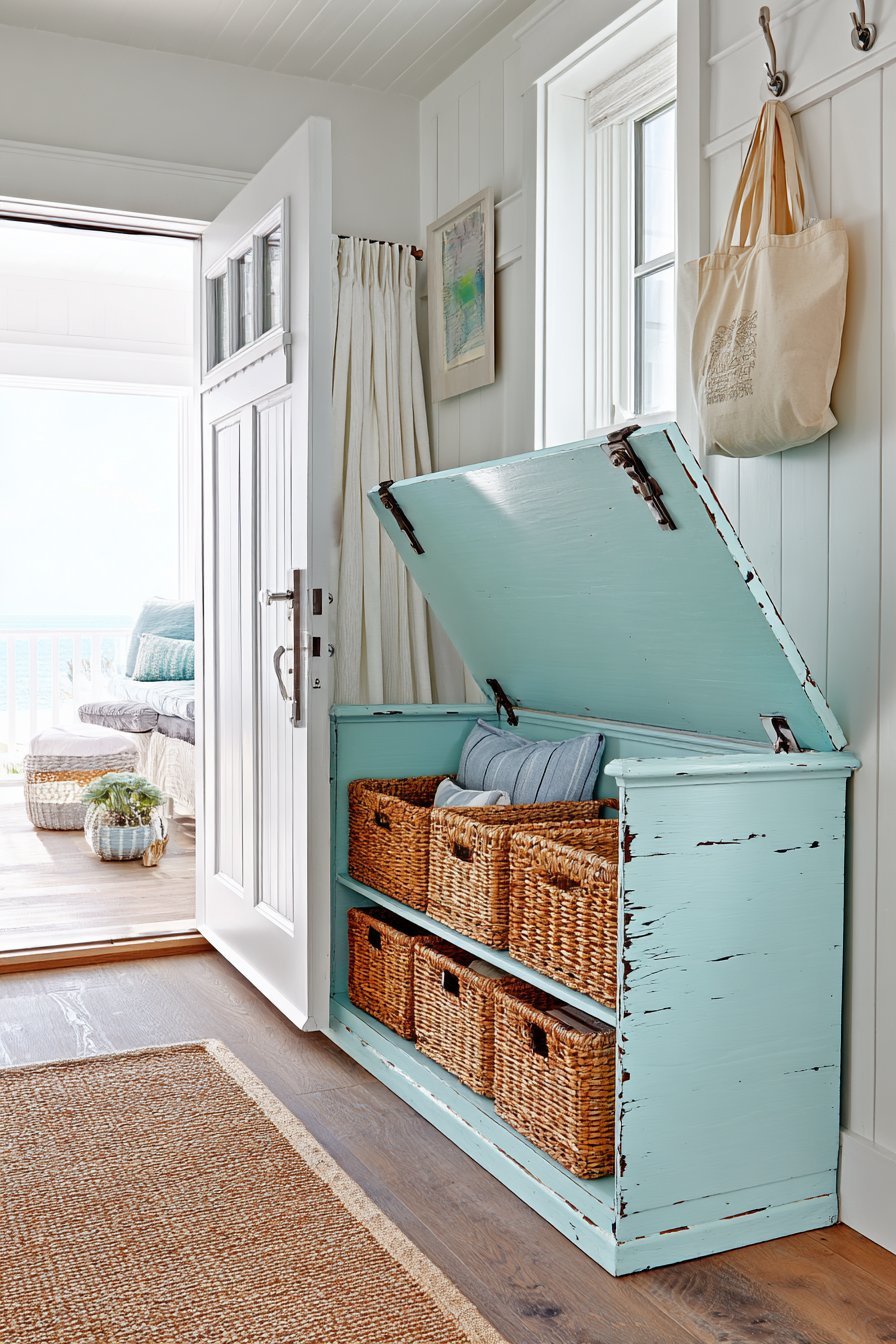 Coastal Cottage Distressed Aqua Bench