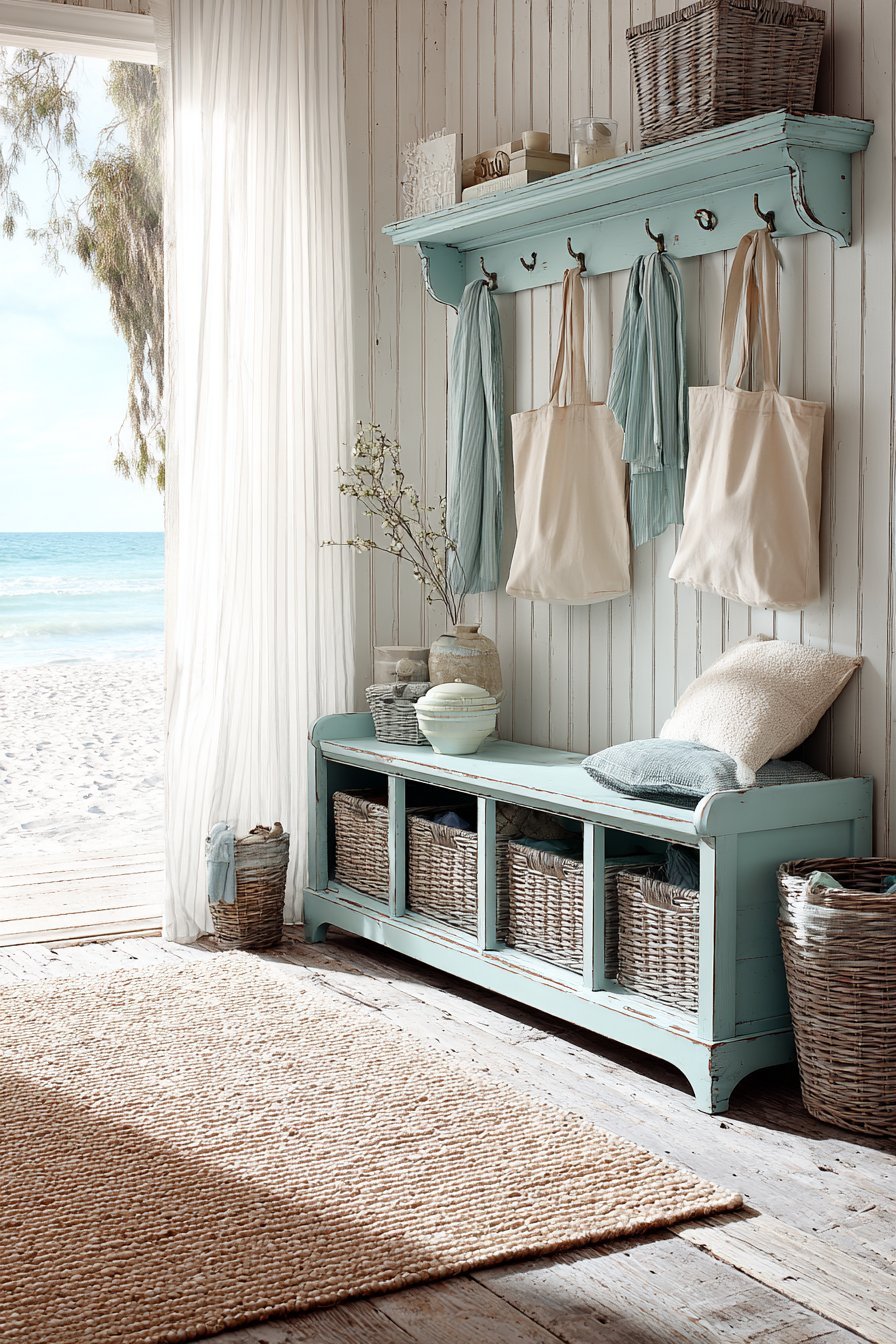 Coastal Cottage Distressed Aqua Bench