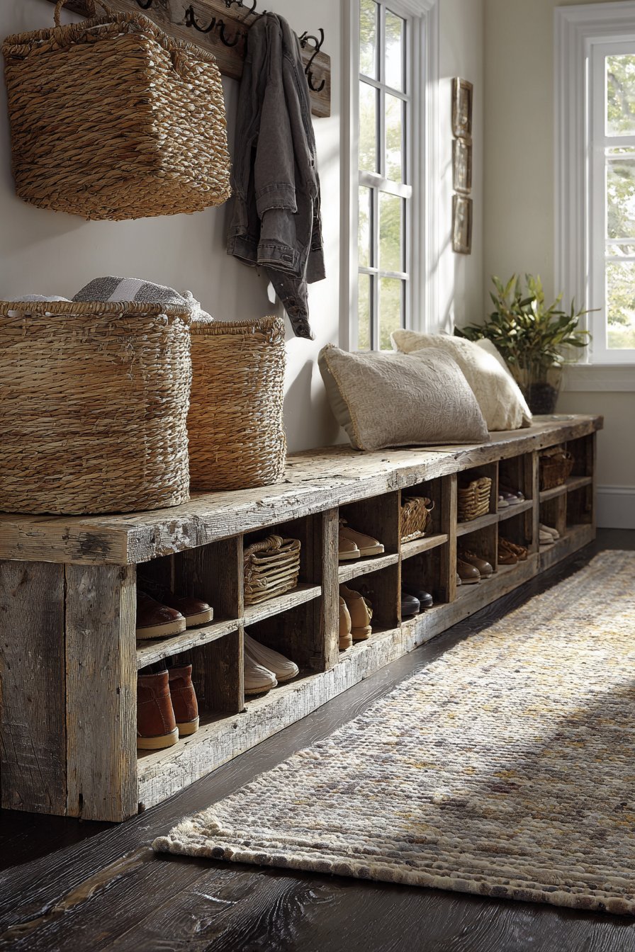 Reclaimed Wood Bench with Industrial Metal Cubbies