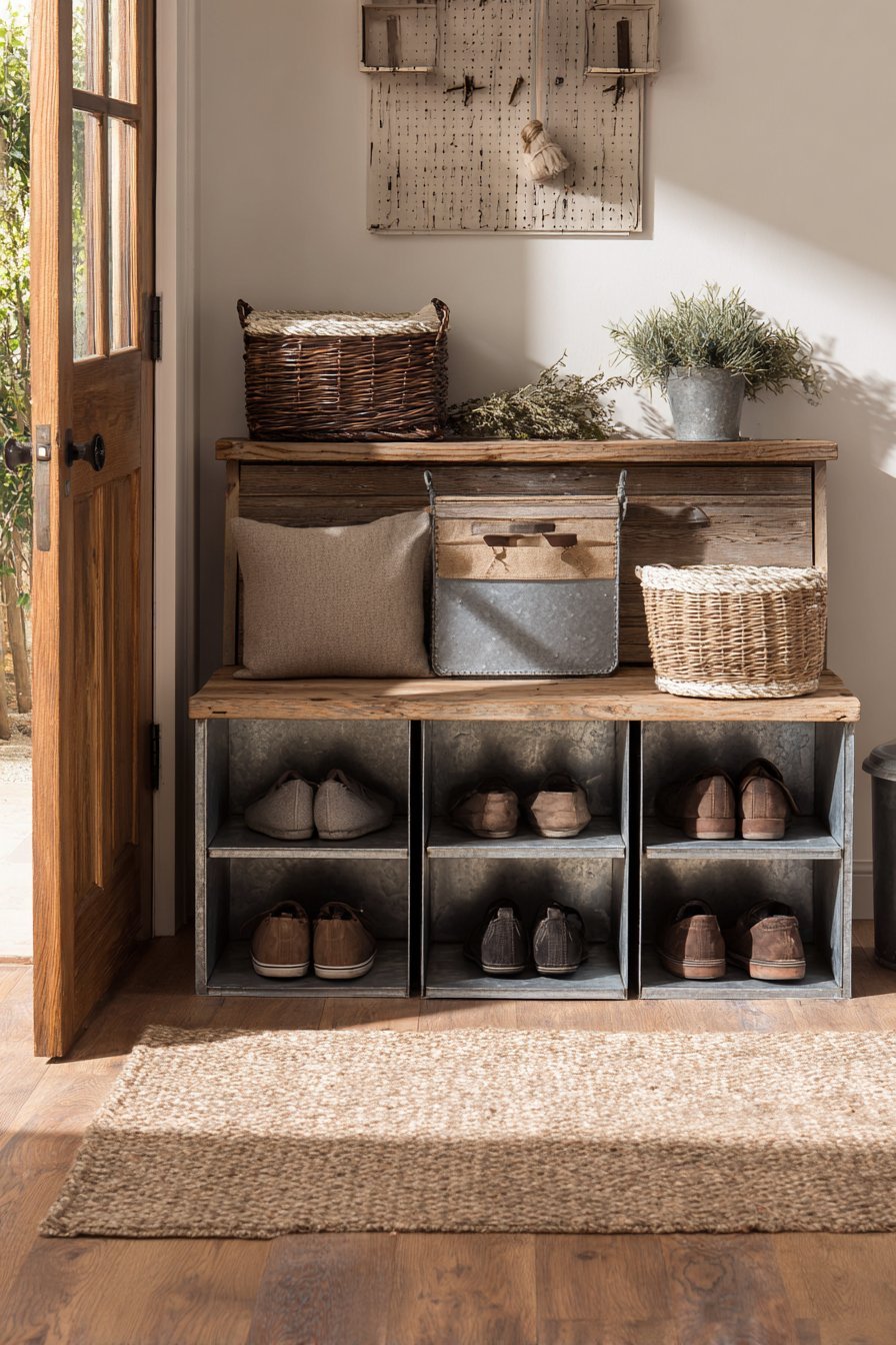 Reclaimed Wood Bench with Industrial Metal Cubbies