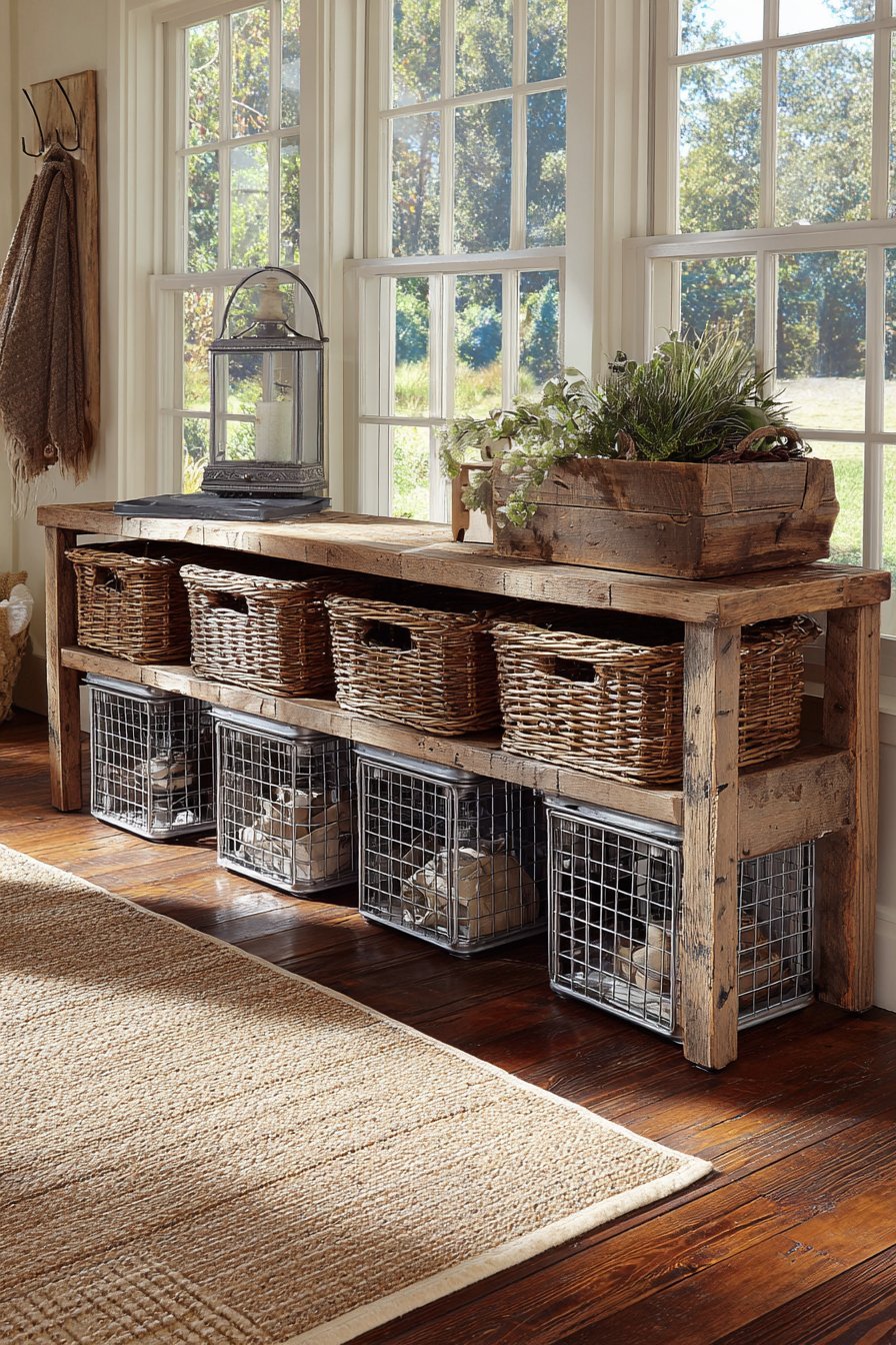 Reclaimed Wood Bench with Industrial Metal Cubbies