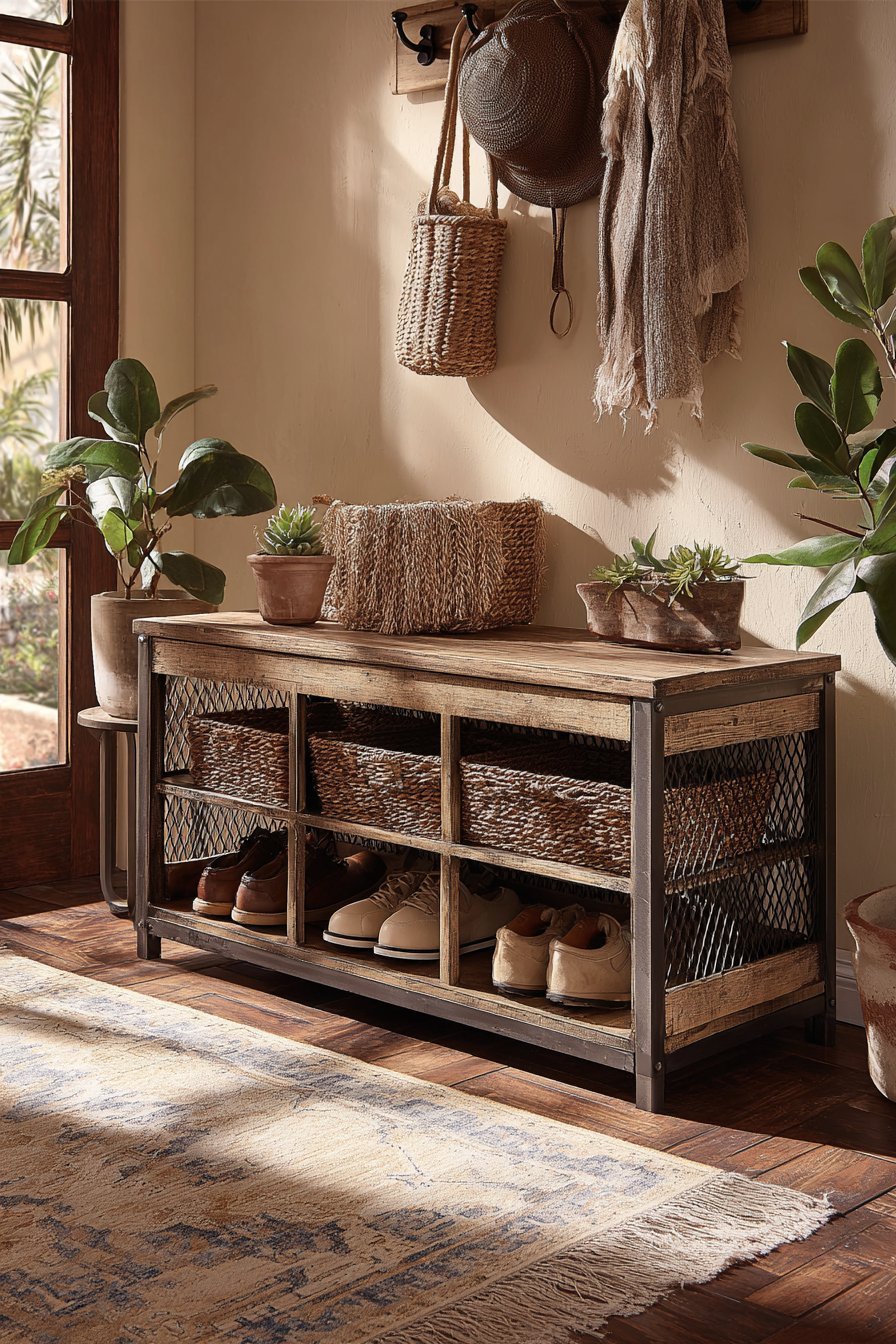 Reclaimed Wood Bench with Industrial Metal Cubbies