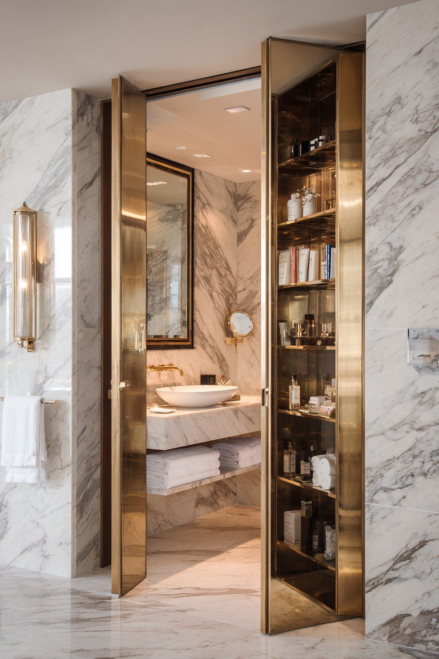 Luxurious Mirrored Pocket Door with Gold Frame